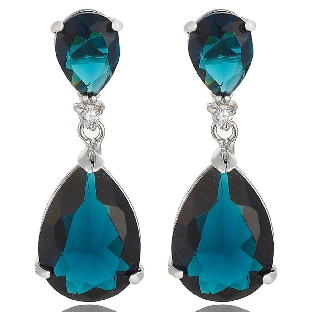 18K White Gold with Blue Sapphire Cubic ZIrconia Dangling Post Back Earrings
